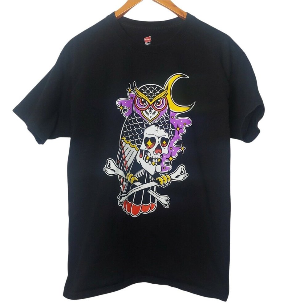 Owl Skull Crossbones R Morrow Art Graphic Men's L T Shirt Hanes Black Moon Stars
